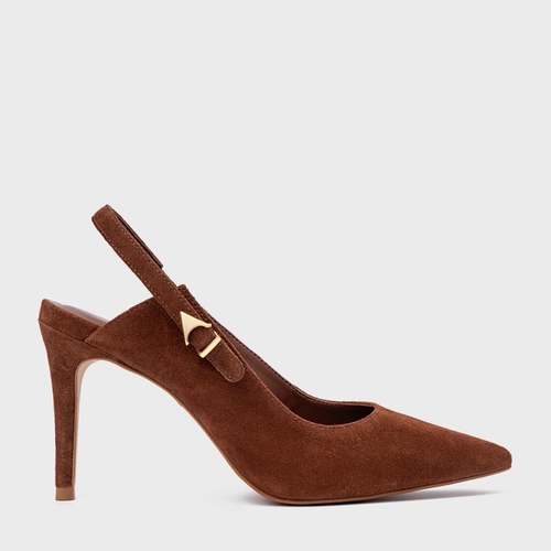 Scarpin Slingback Minimalist Salto Fino Couro Suede Marrom Walnut