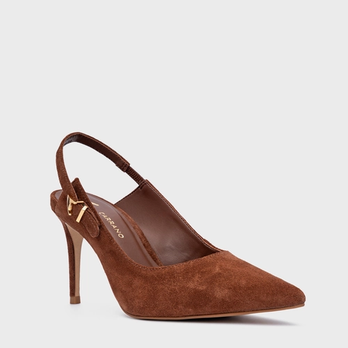 Scarpin Slingback Minimalist Salto Fino Couro Suede Marrom Walnut