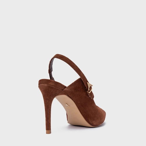 Scarpin Slingback Minimalist Salto Fino Couro Suede Marrom Walnut