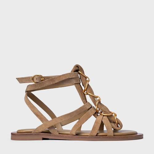 Sandália Rasteira Elos Couro Suede Bege Almond