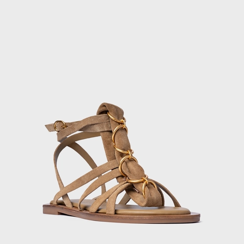 Sandália Rasteira Elos Couro Suede Bege Almond