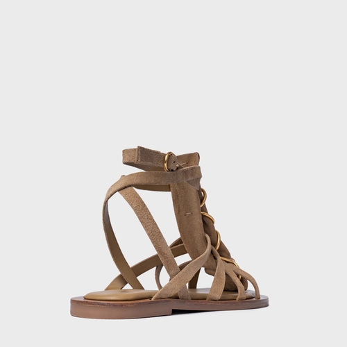 Sandália Rasteira Elos Couro Suede Bege Almond
