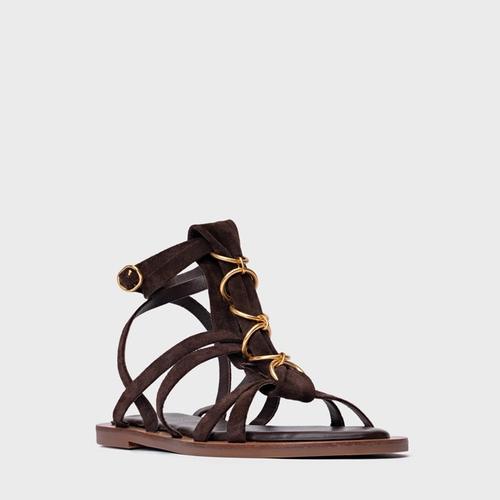 Sandália Rasteira Elos Couro Suede Marrom Ganache