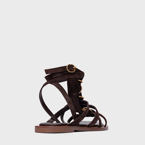 Sandália Rasteira Elos Couro Suede Marrom Ganache