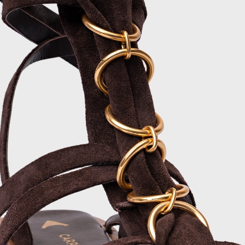 Sandália Rasteira Elos Couro Suede Marrom Ganache