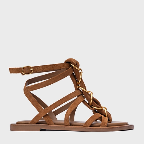 Sandália Rasteira Elos Couro Suede Marrom Saddle