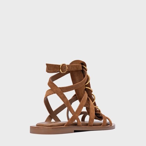 Sandália Rasteira Elos Couro Suede Marrom Saddle