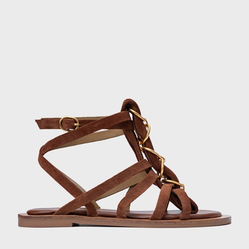 Sandália Rasteira Elos Couro Suede Marrom Walnut