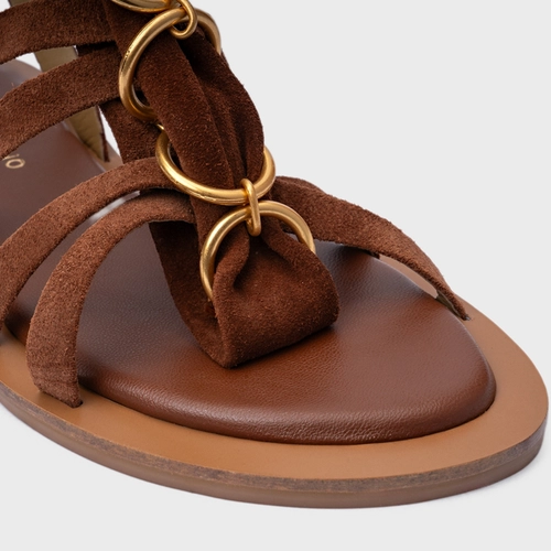 Sandália Rasteira Elos Couro Suede Marrom Walnut