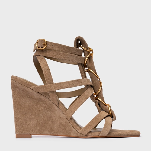 Sandália Elos Salto Anabela Couro Suede Bege Almond