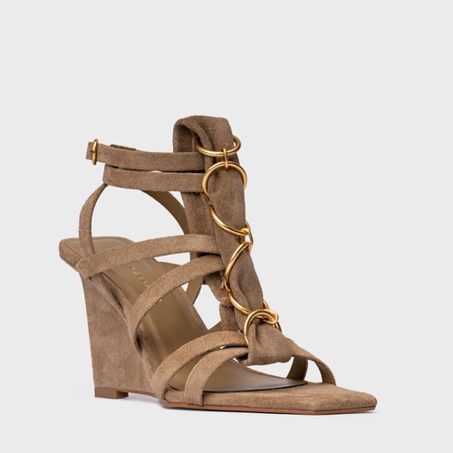 Sandália Elos Salto Anabela Couro Suede Bege Almond