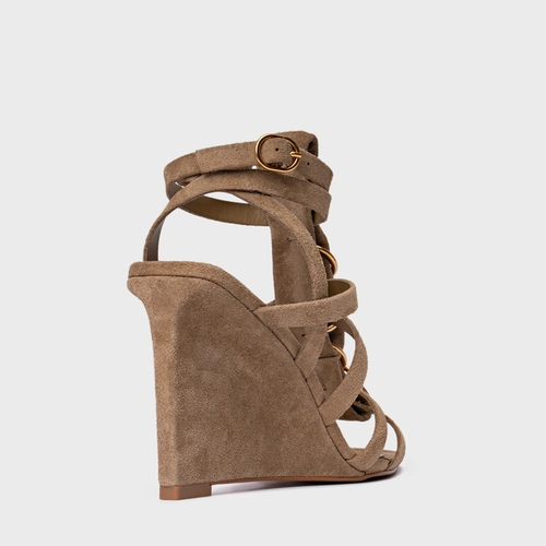 Sandália Elos Salto Anabela Couro Suede Bege Almond
