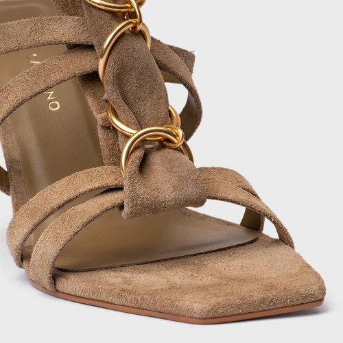 Sandália Elos Salto Anabela Couro Suede Bege Almond