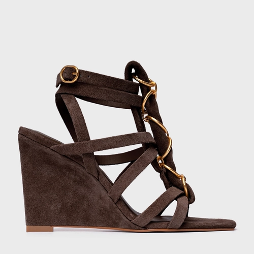Sandália Elos Salto Anabela Couro Suede Marrom Ganache