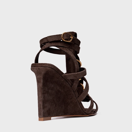 Sandália Elos Salto Anabela Couro Suede Marrom Ganache