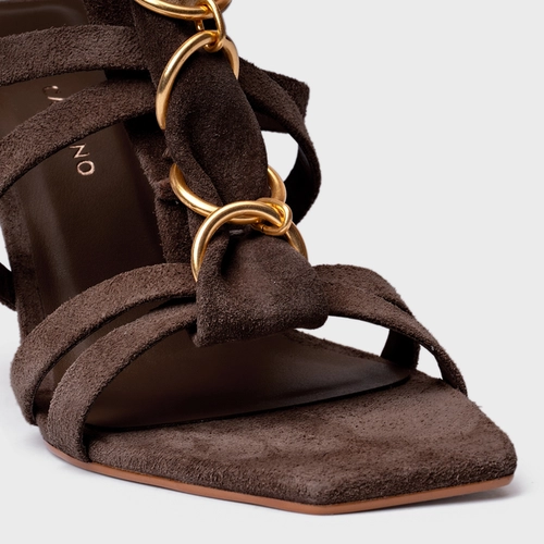 Sandália Elos Salto Anabela Couro Suede Marrom Ganache