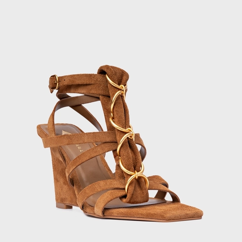 Sandália Elos Salto Anabela Couro Suede Marrom Saddle