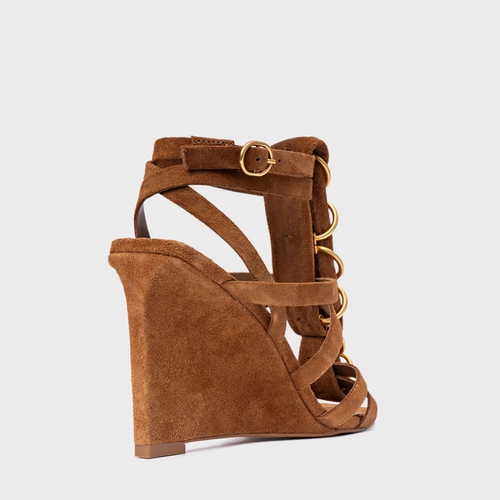 Sandália Elos Salto Anabela Couro Suede Marrom Saddle