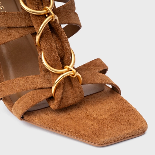 Sandália Elos Salto Anabela Couro Suede Marrom Saddle