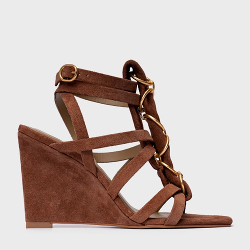 Sandália Elos Salto Anabela Couro Suede Marrom Walnut