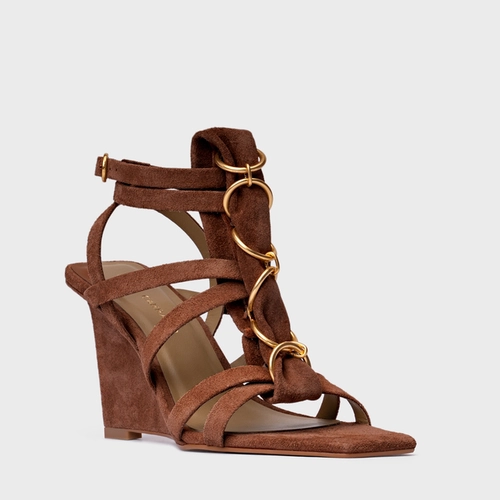 Sandália Elos Salto Anabela Couro Suede Marrom Walnut