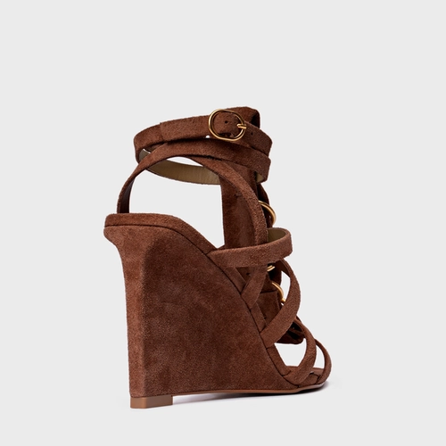 Sandália Elos Salto Anabela Couro Suede Marrom Walnut