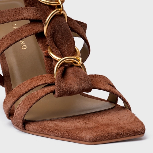 Sandália Elos Salto Anabela Couro Suede Marrom Walnut