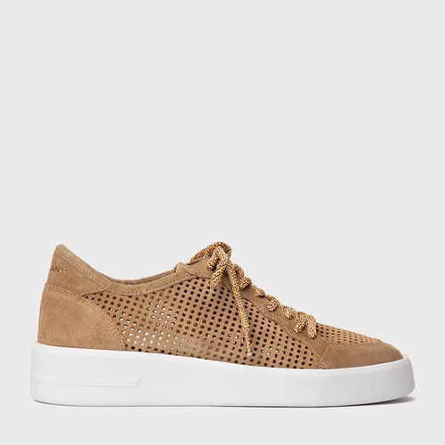 Tênis Vazado Flatform Tela Couro Suede Bege Almond