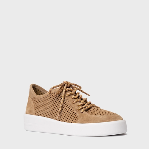 Tênis Vazado Flatform Tela Couro Suede Bege Almond