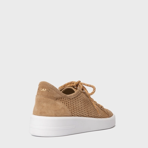 Tênis Vazado Flatform Tela Couro Suede Bege Almond