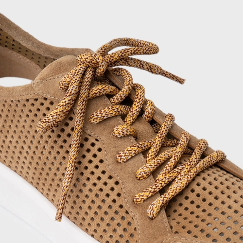 Tênis Vazado Flatform Tela Couro Suede Bege Almond