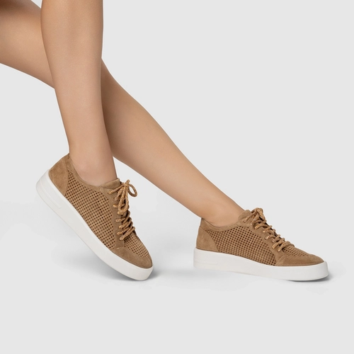 Tênis Vazado Flatform Tela Couro Suede Bege Almond