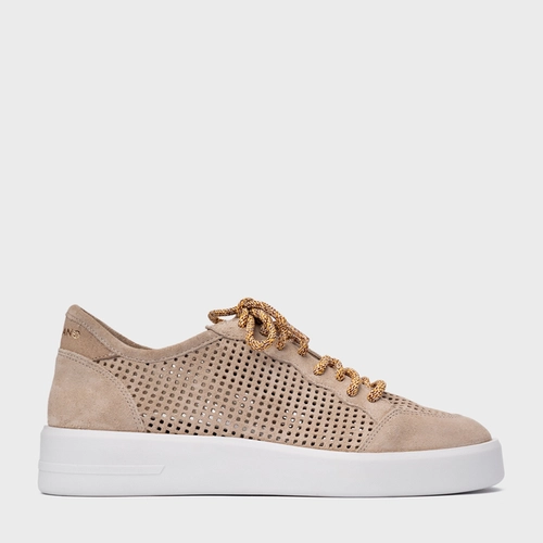 Tênis Vazado Flatform Tela Couro Suede Bege Oatmeal