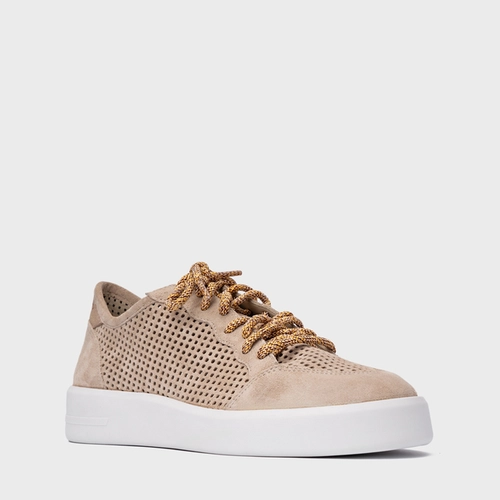 Tênis Vazado Flatform Tela Couro Suede Bege Oatmeal