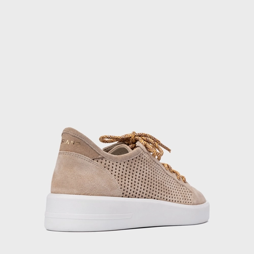 Tênis Vazado Flatform Tela Couro Suede Bege Oatmeal