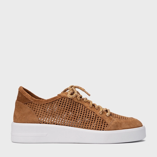 Tênis Vazado Flatform Tela Couro Suede Marrom Saddle