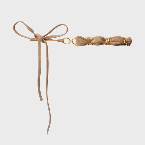 Cinto Elos Amarração Fino Couro Suede Bege Almond