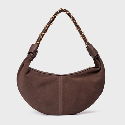 Bolsa Moon Shoulder Elos Média Couro Suede Marrom Ganache