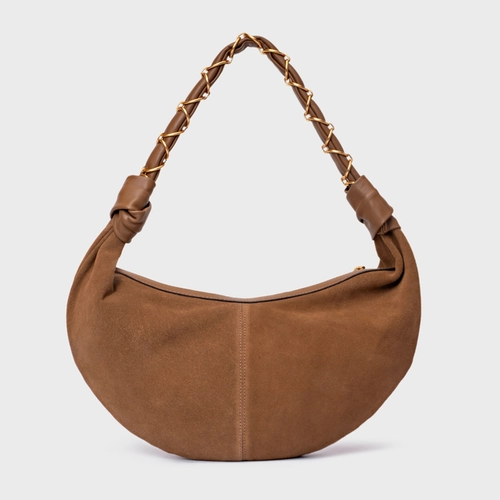 Bolsa Moon Shoulder Elos Média Couro Suede Marrom Saddle