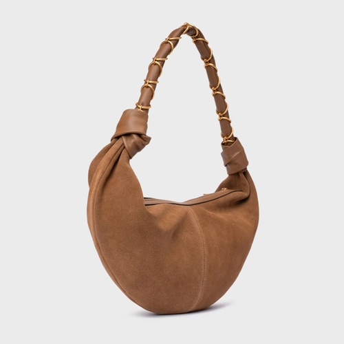 Bolsa Moon Shoulder Elos Média Couro Suede Marrom Saddle