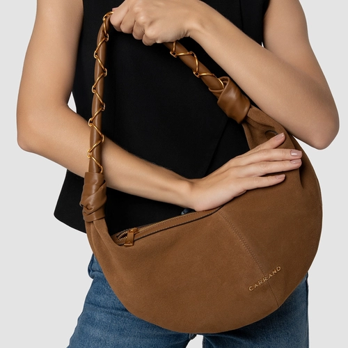 Bolsa Moon Shoulder Elos Média Couro Suede Marrom Saddle