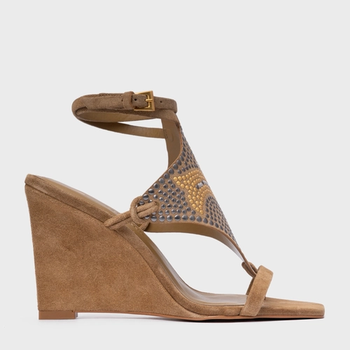 Sandália Mosaic Studs Salto Anabela Couro Suede Bege Almond
