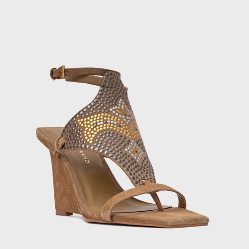 Sandália Mosaic Studs Salto Anabela Couro Suede Bege Almond