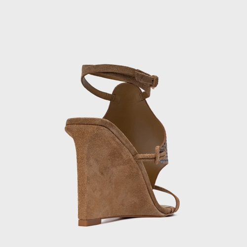 Sandália Mosaic Studs Salto Anabela Couro Suede Bege Almond