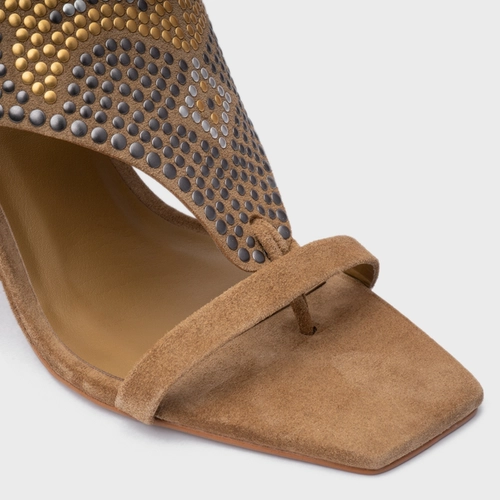 Sandália Mosaic Studs Salto Anabela Couro Suede Bege Almond