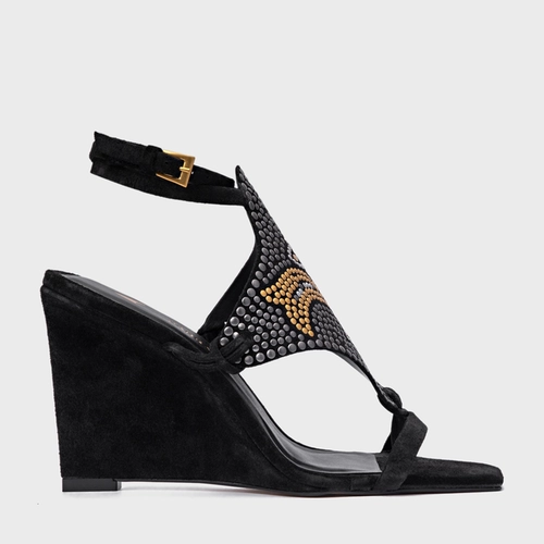 Sandália Mosaic Studs Salto Anabela Couro Suede Preto