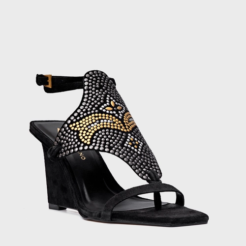 Sandália Mosaic Studs Salto Anabela Couro Suede Preto
