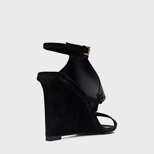 Sandália Mosaic Studs Salto Anabela Couro Suede Preto