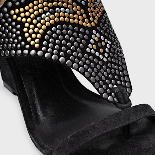 Sandália Mosaic Studs Salto Anabela Couro Suede Preto