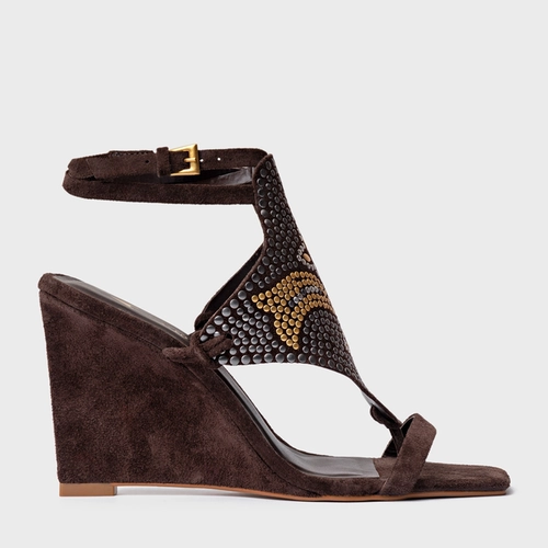Sandália Mosaic Studs Salto Anabela Couro Suede Marrom Ganache
